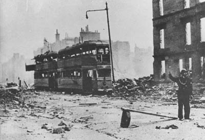 Two burned-out Corporation trams on Dumbarton Road near Pattison Street in Dalmuir, in the aftermath of the Blitz in March 1941.