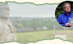 Image of Paul Murdoch holding book with another image of the countryside and statue