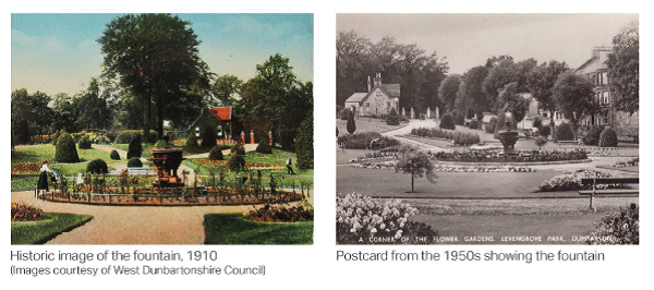 Historic image of the fountain, 1910 and a postcard from 1950s