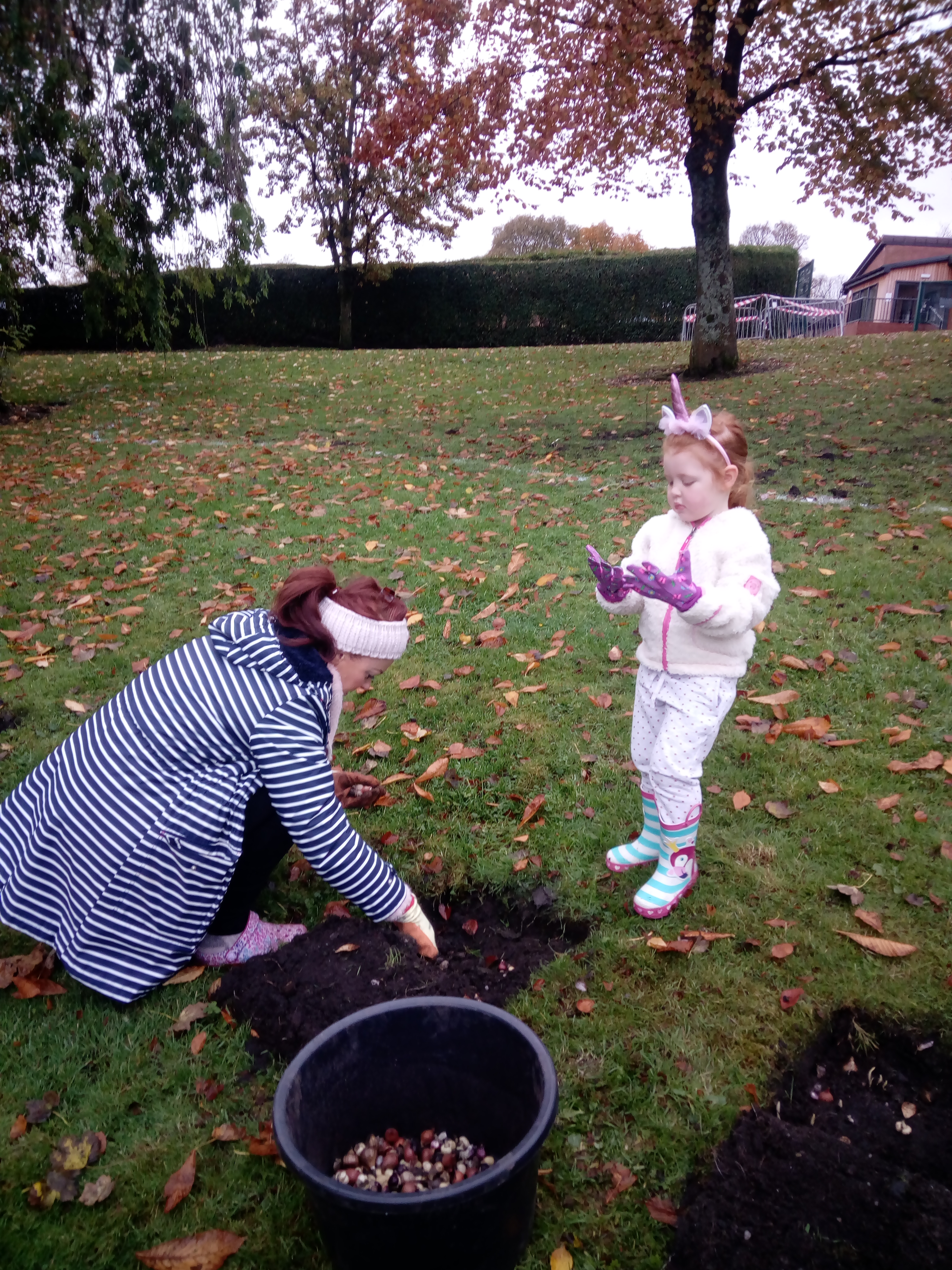 image of Volunteers mum and daughter planting bulbs