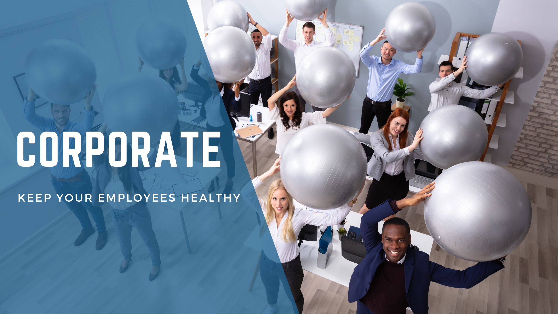 Office workers holding up gym balls - Corporate membership