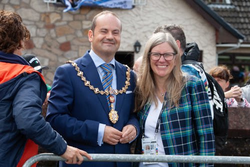 Provost Douglas McAllister with Trudy Lindblade, CEO of UCI Cycling World Championships