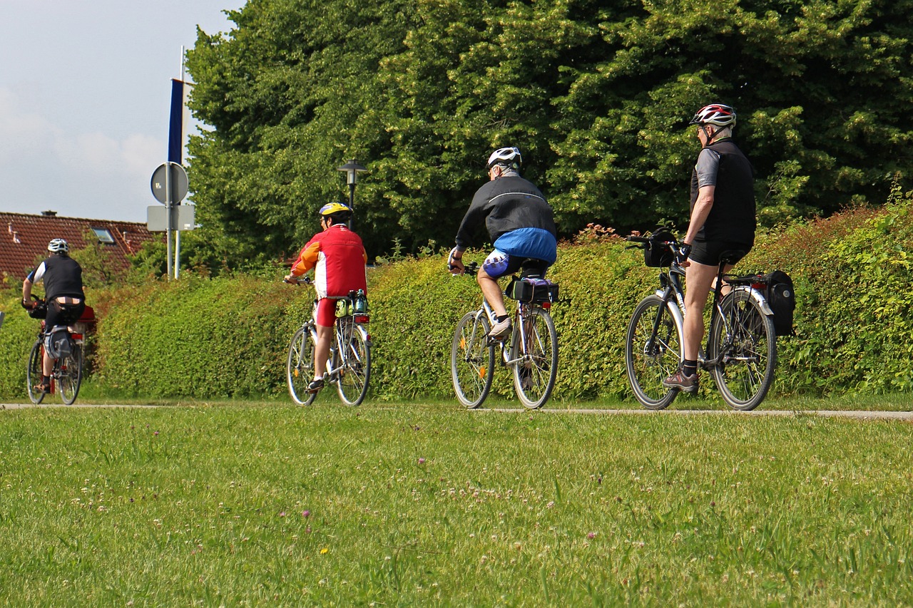Four cyclists, cycling along a cycle path with hedge and trees in background
