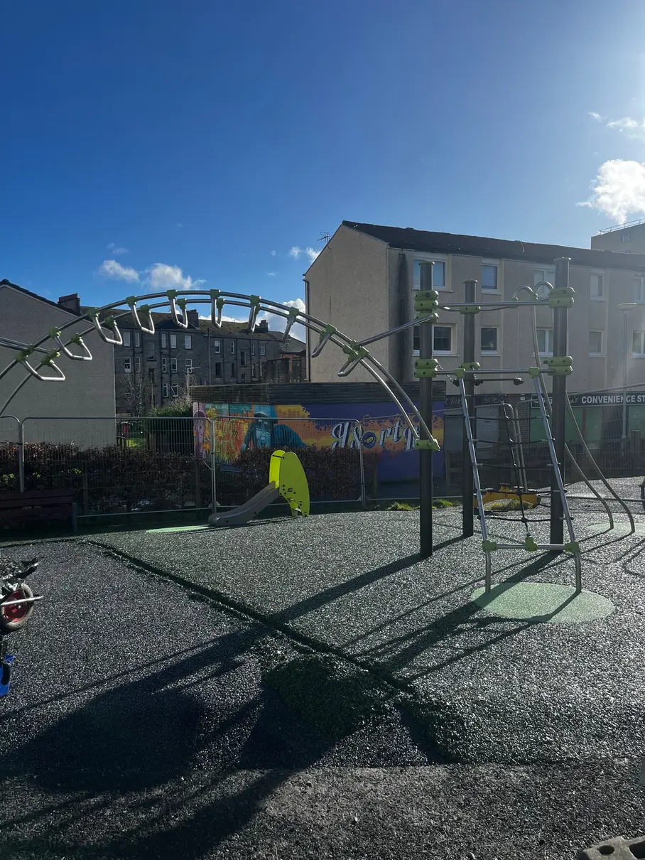 Photo of a newly repaired and fixed playground at Kilbowie.