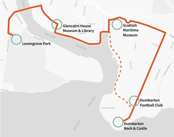 Map showing the Dumbarton ‘Rock & Rivers Route’ which links Dumbarton’s main visitor attractions.