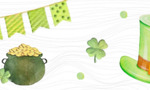 A festive St Patrick's Night celebration scene featuring green hats, lucky clovers, and gold coins on a wooden background.